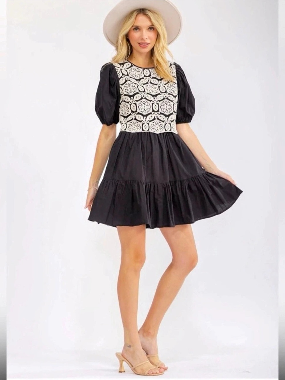 Geometric Mini Dress in Black with white crochet